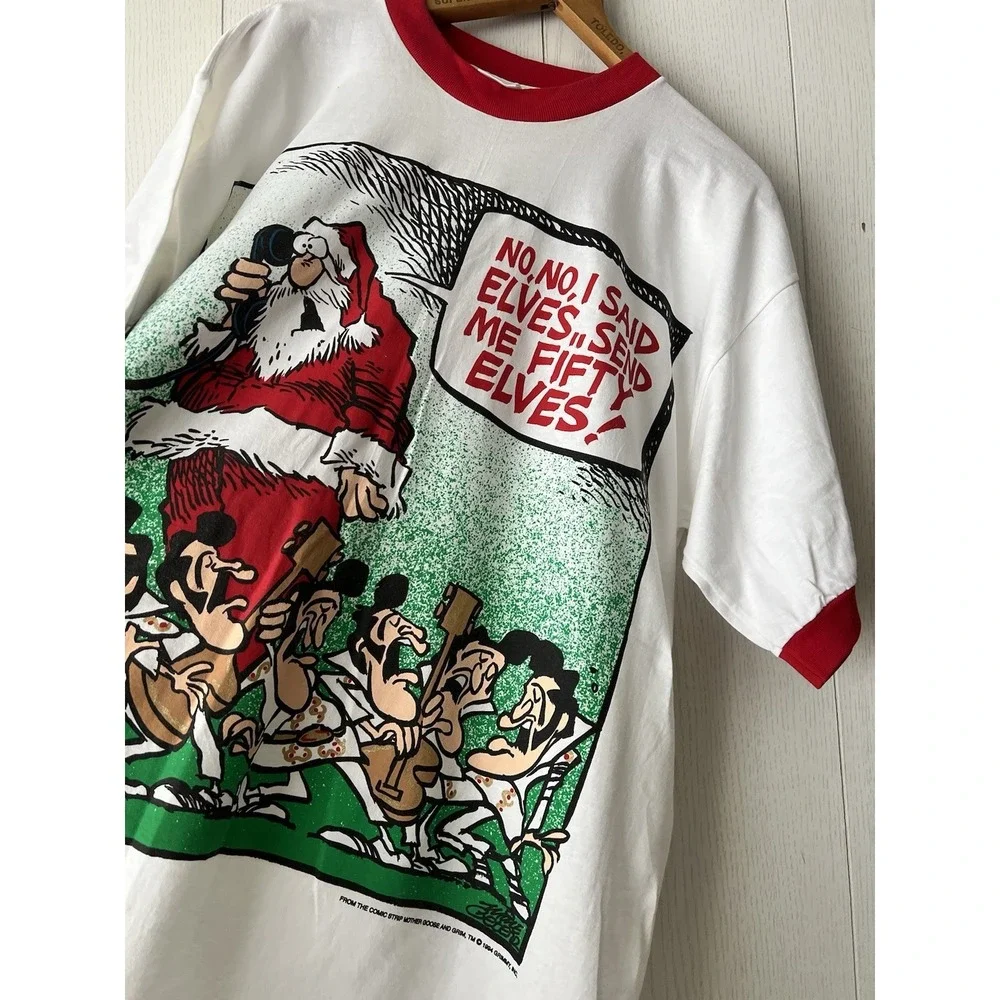 Vintage Mother Goose & Grimm Shirt XL White Ringer Santa Elvis Christmas 90s '94